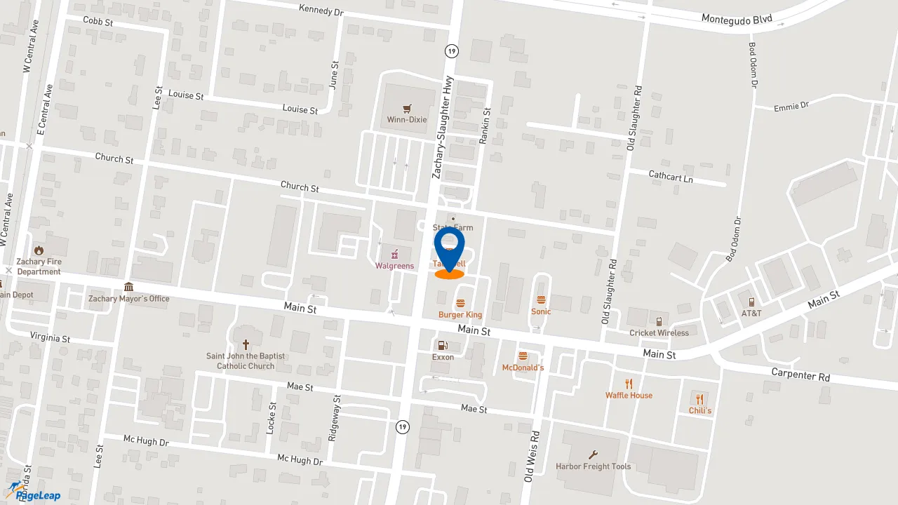 https://pageleap.com map showing location of Taco Bell in Zachary.