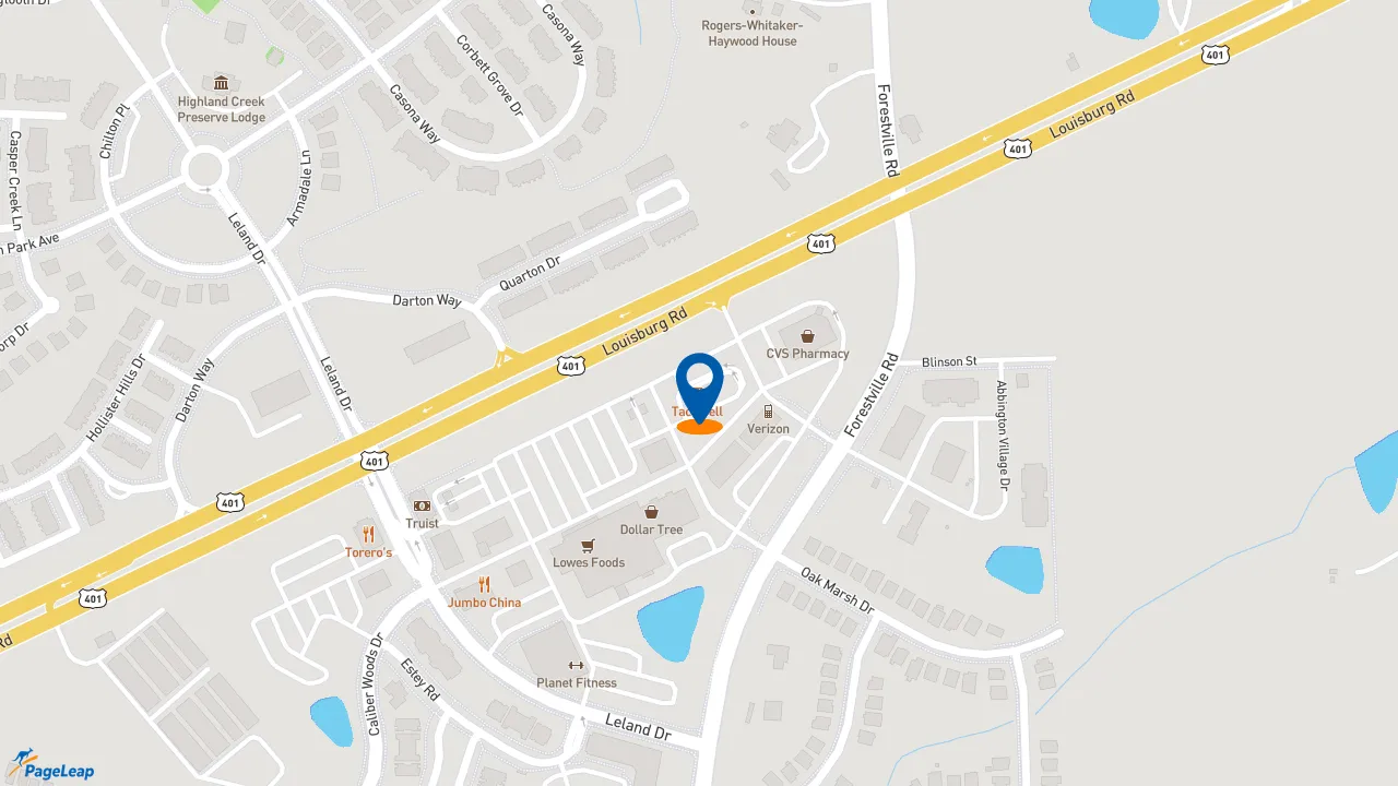 https://pageleap.com map showing location of Taco Bell in Raleigh.