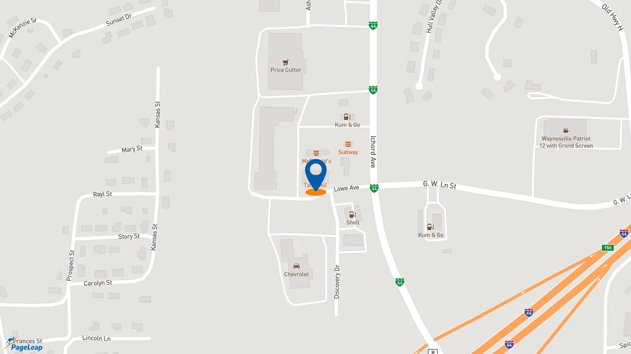 https://pageleap.com map showing location of Taco Bell in Waynesville.