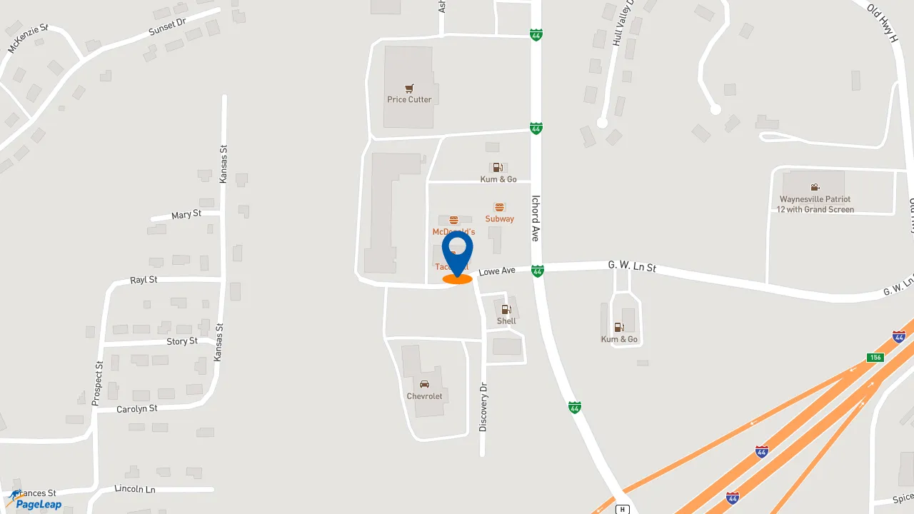 https://pageleap.com map showing location of Taco Bell in Waynesville.