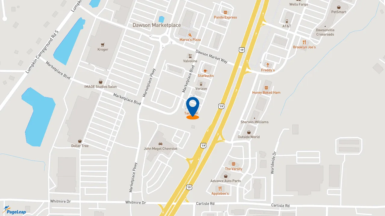 https://pageleap.com map showing location of Taco Bell in Dawsonville.