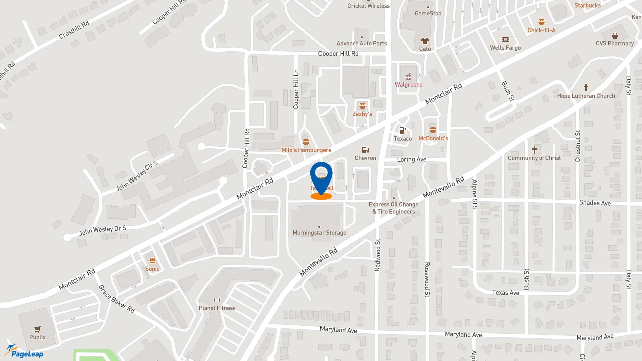 https://pageleap.com map showing location of Taco Bell in Birmingham.