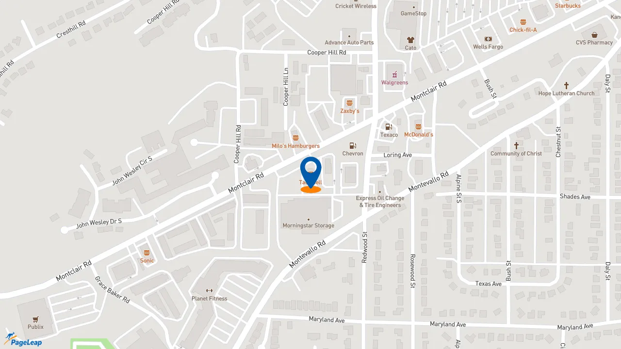 https://pageleap.com map showing location of Taco Bell in Birmingham.