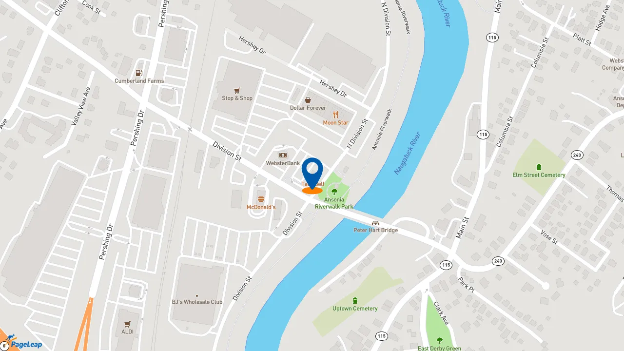https://pageleap.com map showing location of Taco Bell in Ansonia.