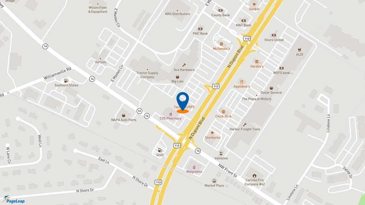 https://pageleap.com map showing location of Taco Bell in Milford.