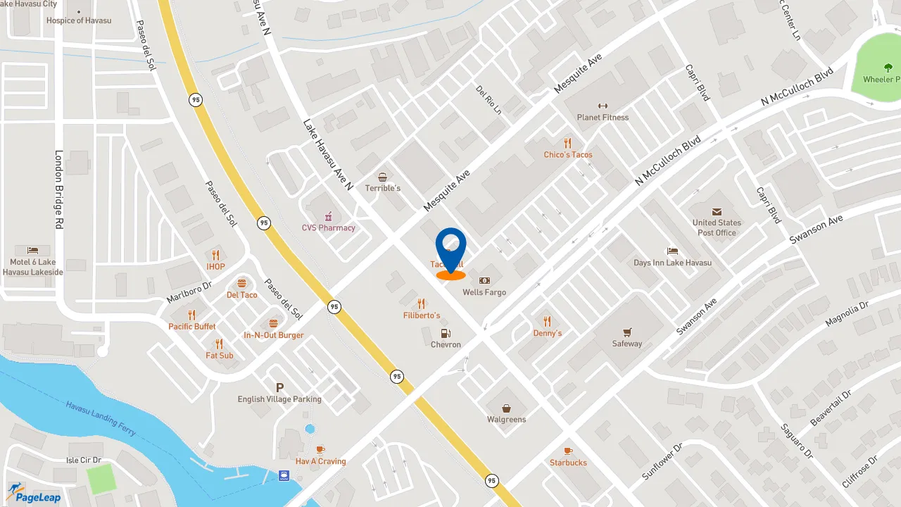 https://pageleap.com map showing location of Taco Bell in Lake Havasu City.