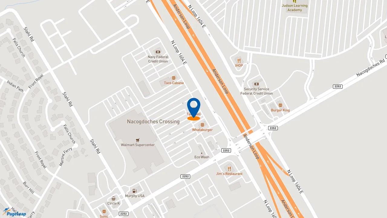 https://pageleap.com map showing location of Taco Bell in San Antonio.