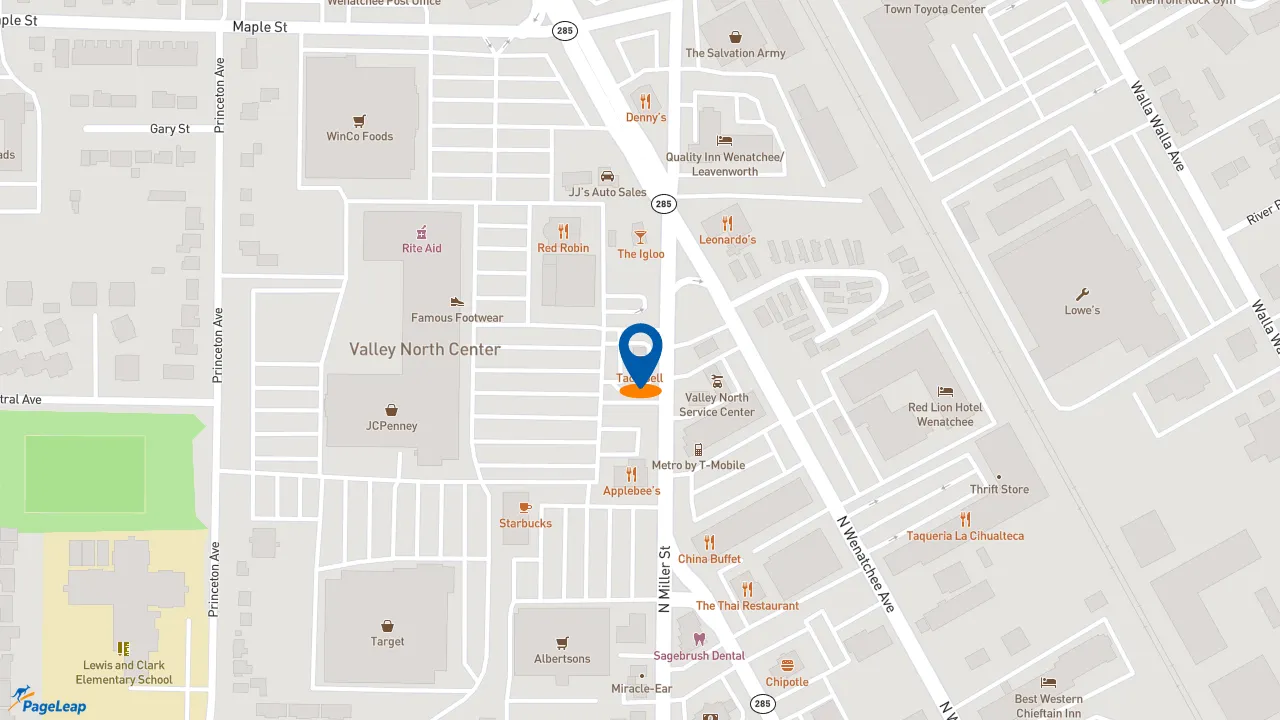 https://pageleap.com map showing location of Taco Bell in Wenatchee.
