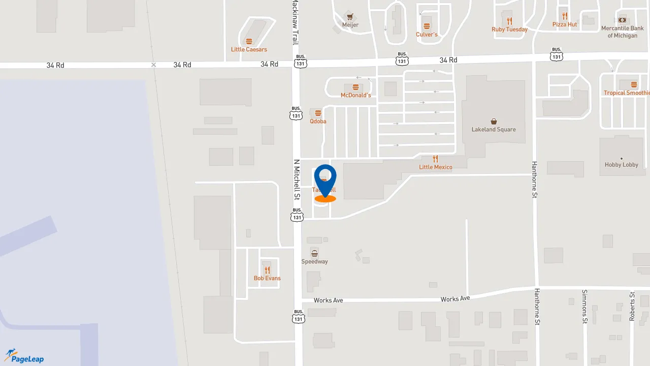 https://pageleap.com map showing location of Taco Bell in Cadillac.