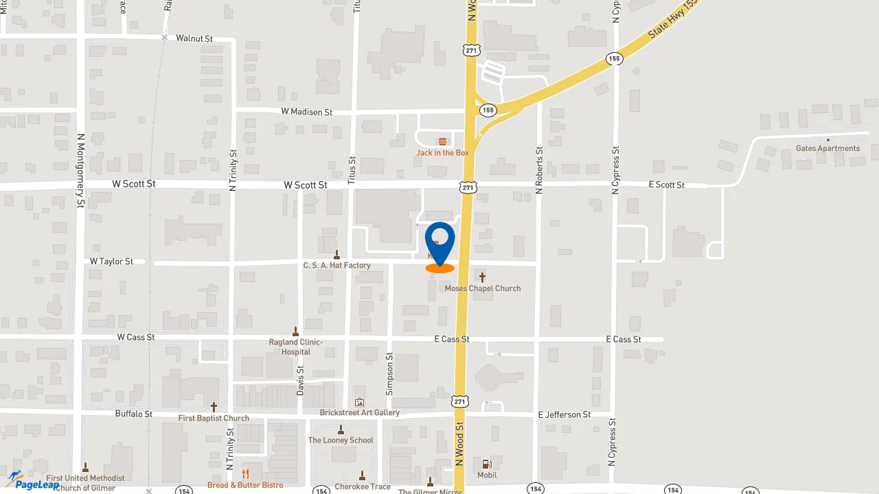 https://pageleap.com map showing location of Taco Bell in Gilmer.