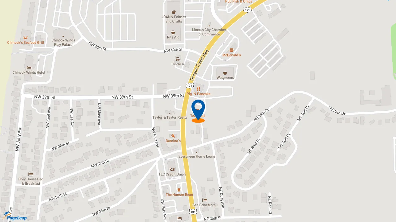 https://pageleap.com map showing location of Taco Bell in Lincoln City.