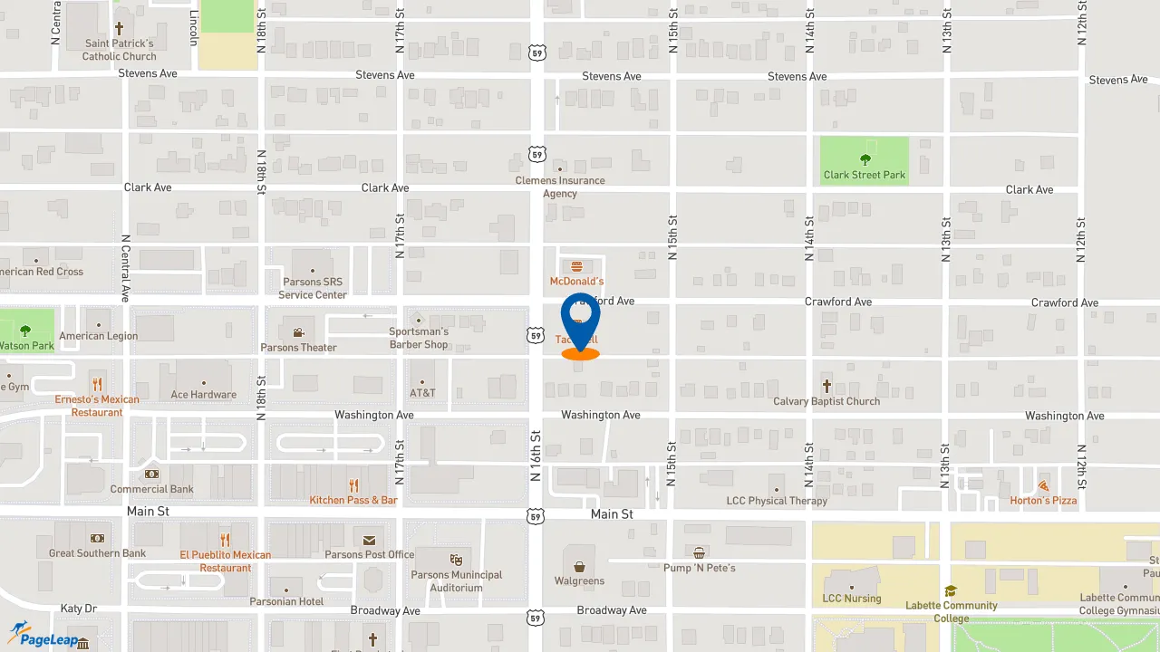 https://pageleap.com map showing location of Taco Bell in Parsons.