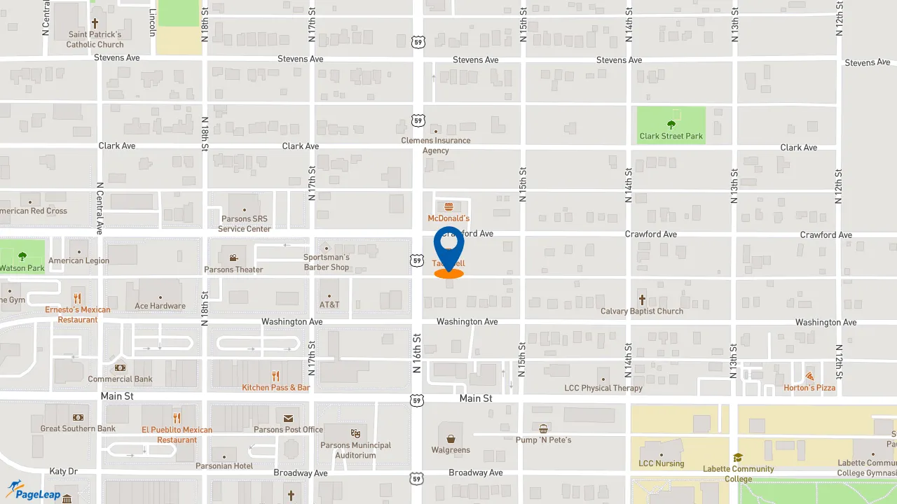 https://pageleap.com map showing location of Taco Bell in Parsons.