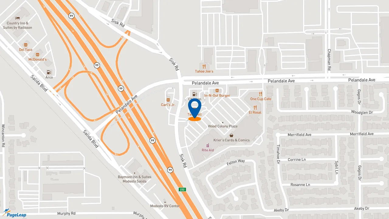 https://pageleap.com map showing location of Taco Bell in Modesto.