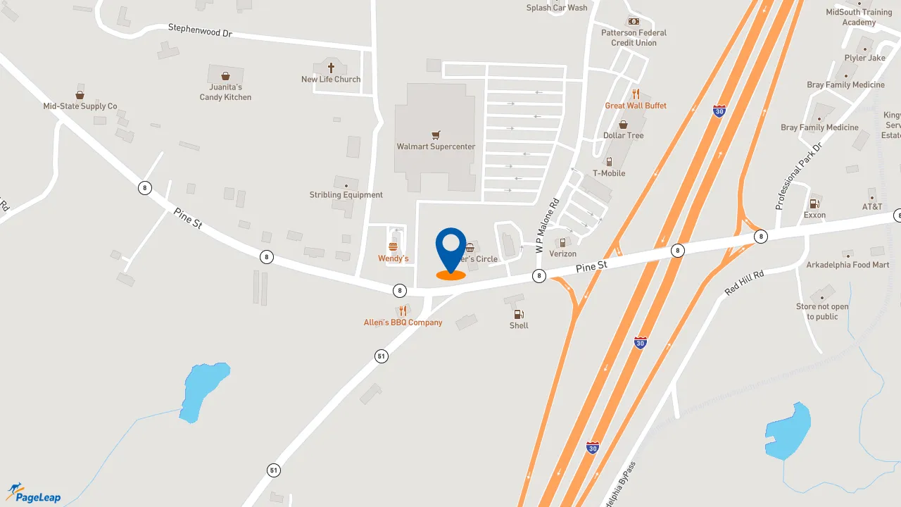 https://pageleap.com map showing location of Taco Bell in Arkadelphia.