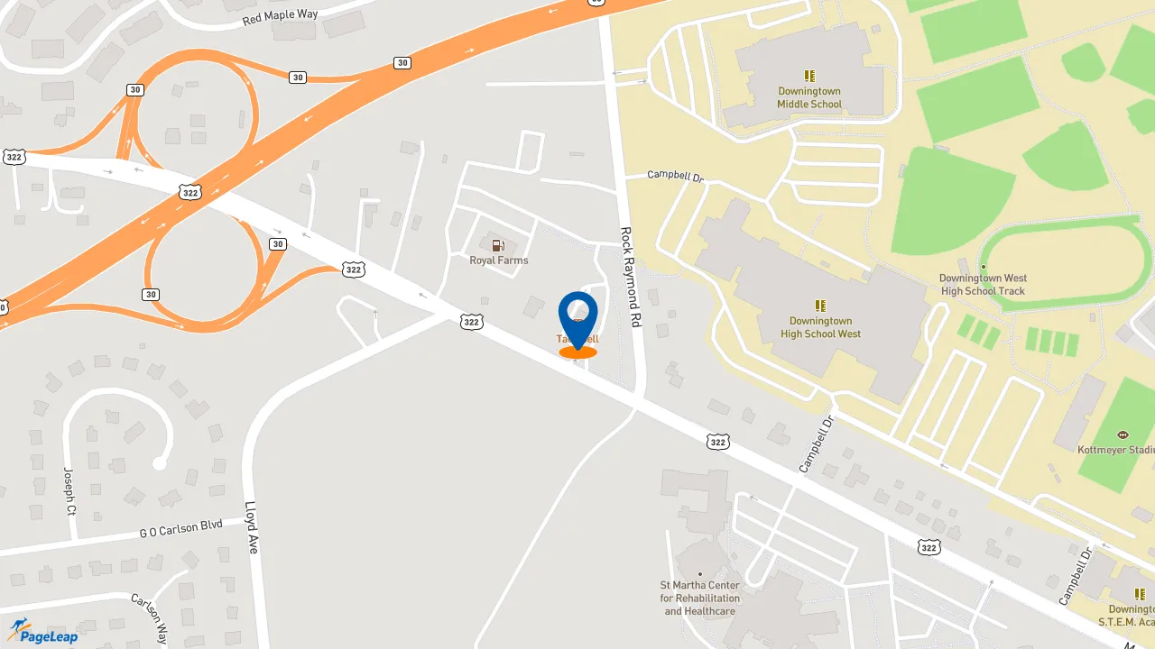 https://pageleap.com map showing location of Taco Bell in Downingtown.