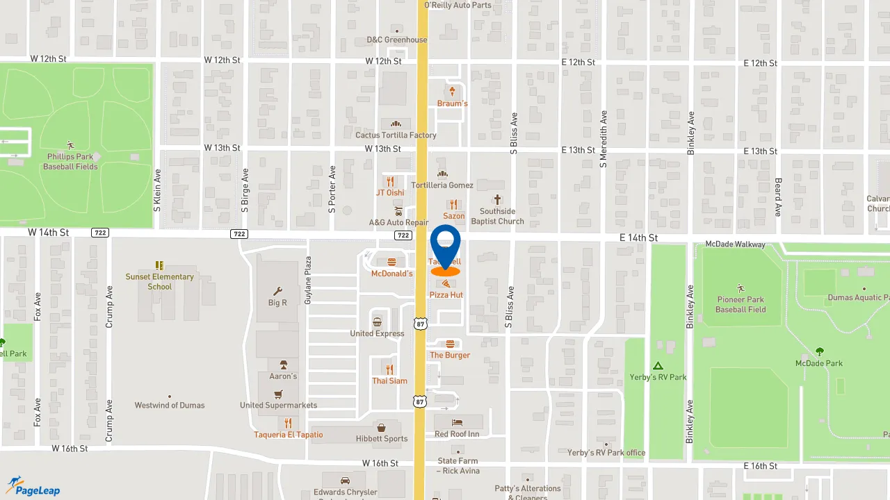 https://pageleap.com map showing location of Taco Bell in Dumas.