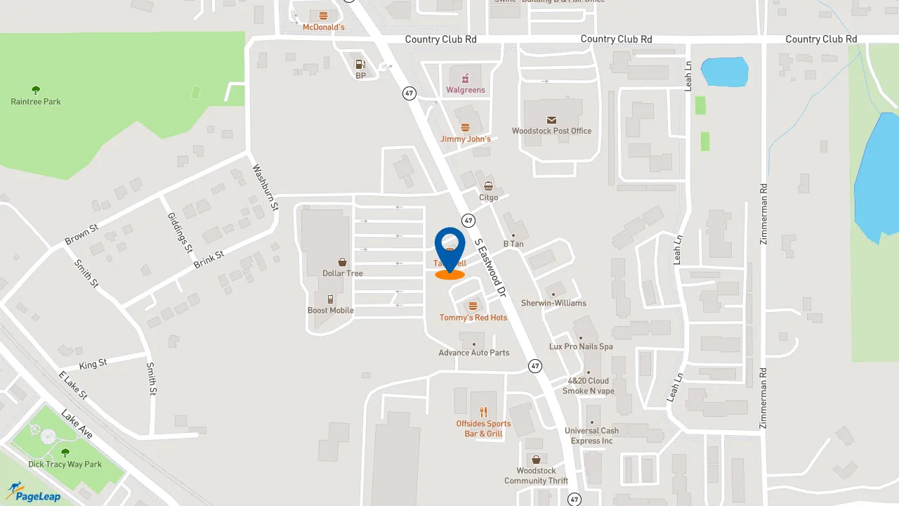https://pageleap.com map showing location of Taco Bell in Woodstock.