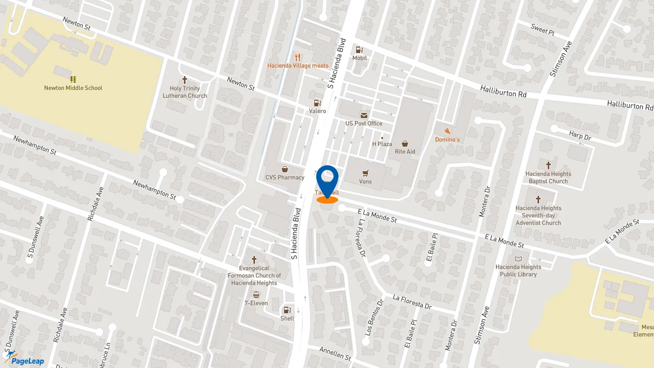 https://pageleap.com map showing location of Taco Bell in Hacienda Heights.