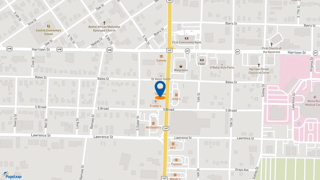 https://pageleap.com map showing location of Taco Bell in Batesville.