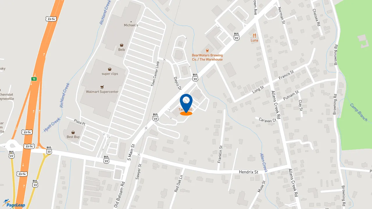 https://pageleap.com map showing location of Taco Bell in Waynesville.