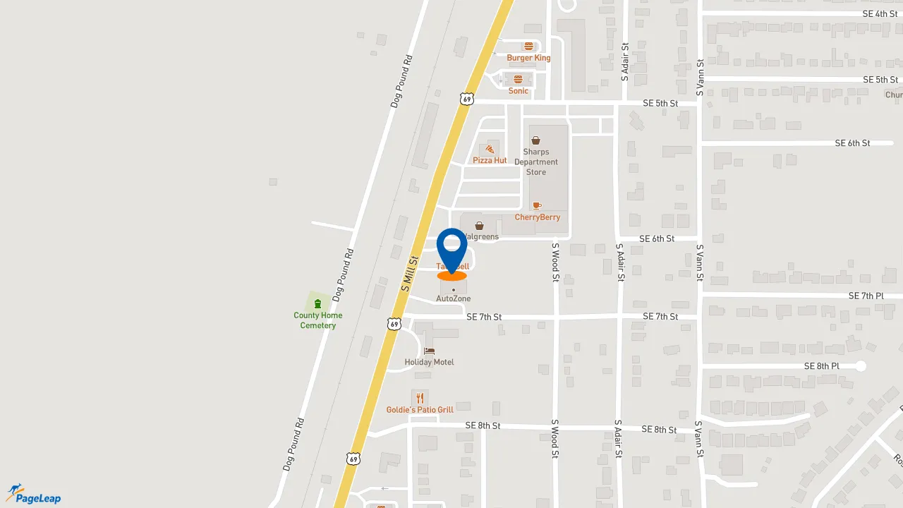 https://pageleap.com map showing location of Taco Bell in Pryor.