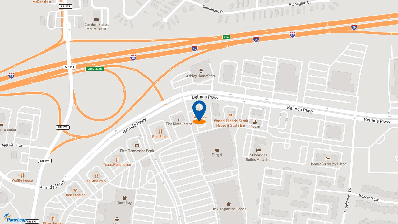 https://pageleap.com map showing location of Taco Bell in Mount Juliet.