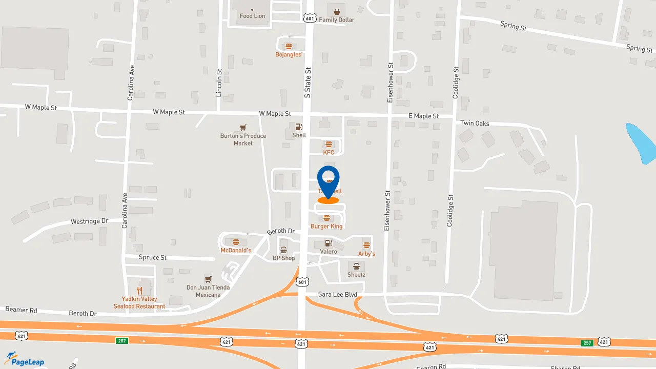 https://pageleap.com map showing location of Taco Bell in Yadkinville.