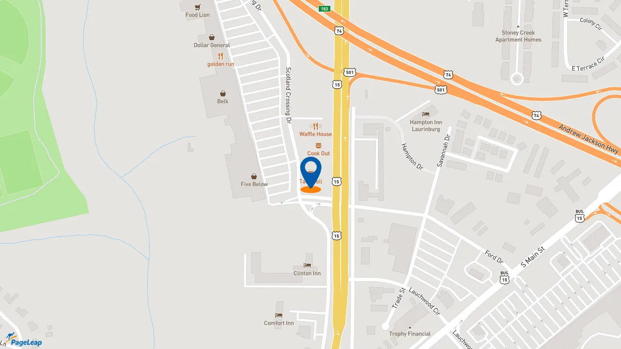 https://pageleap.com map showing location of Taco Bell in Laurinburg.