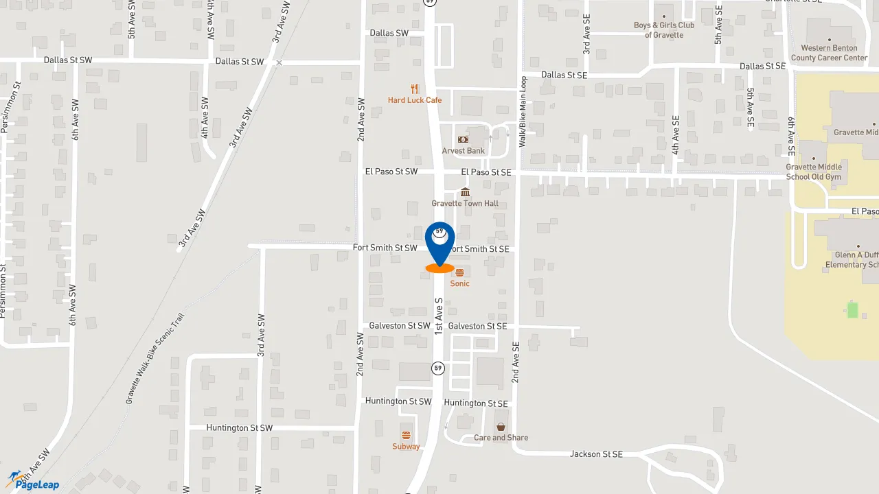 https://pageleap.com map showing location of Taco Bell in Gravette.