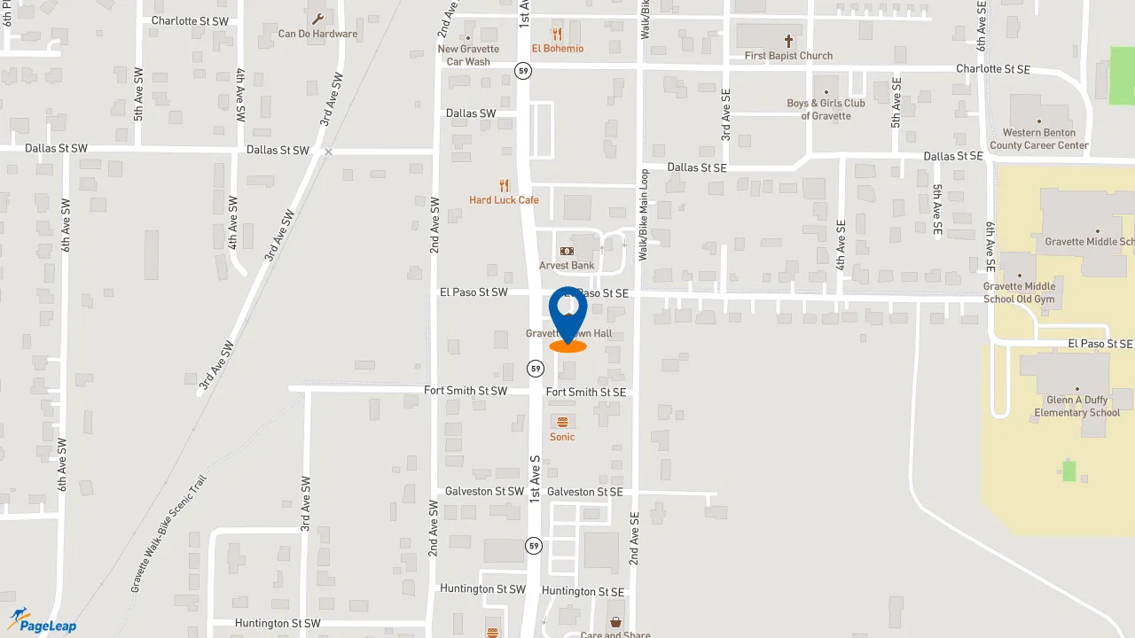 https://pageleap.com map showing location of Taco Bell in Gravette.
