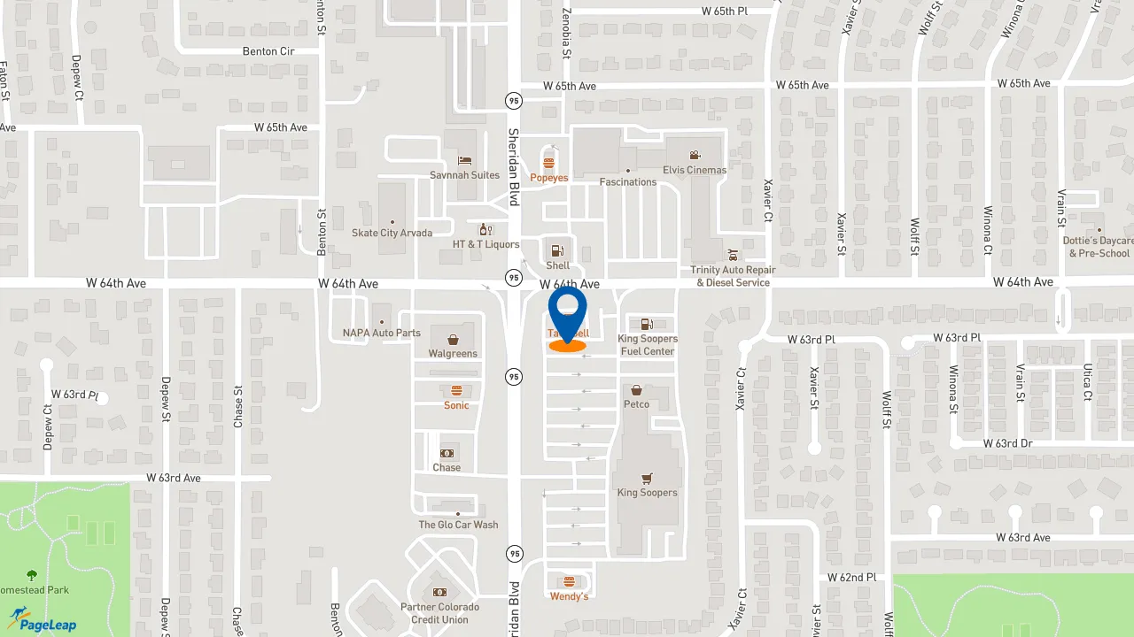 PageLeap.com map showing location of Taco Bell in Arvada.