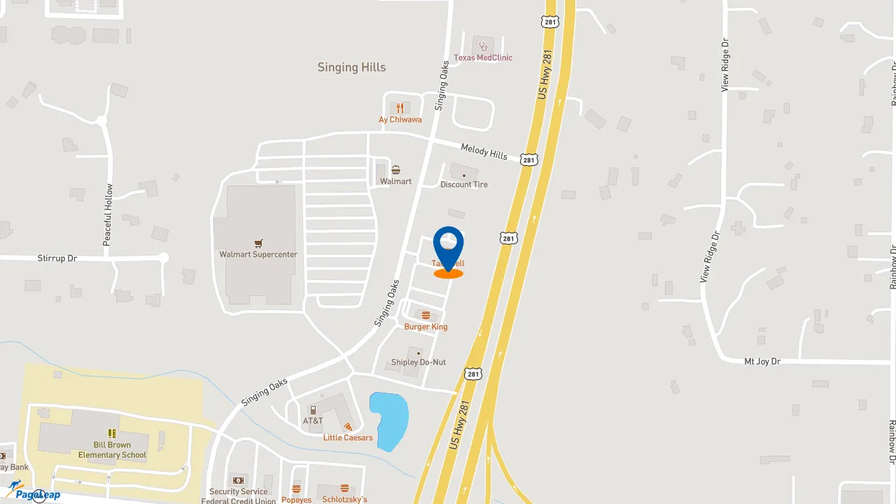 https://pageleap.com map showing location of Taco Bell in Bulverde.