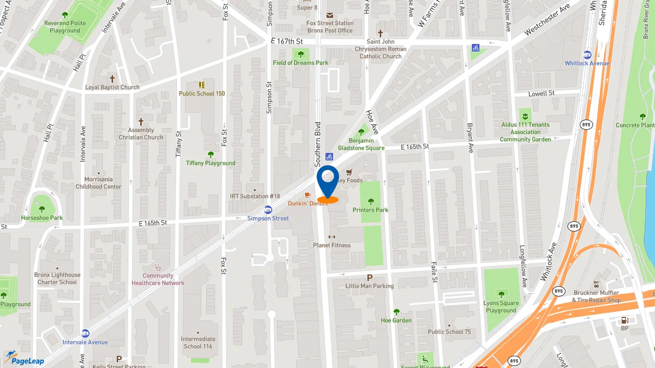 https://pageleap.com map showing location of Taco Bell in Bronx.