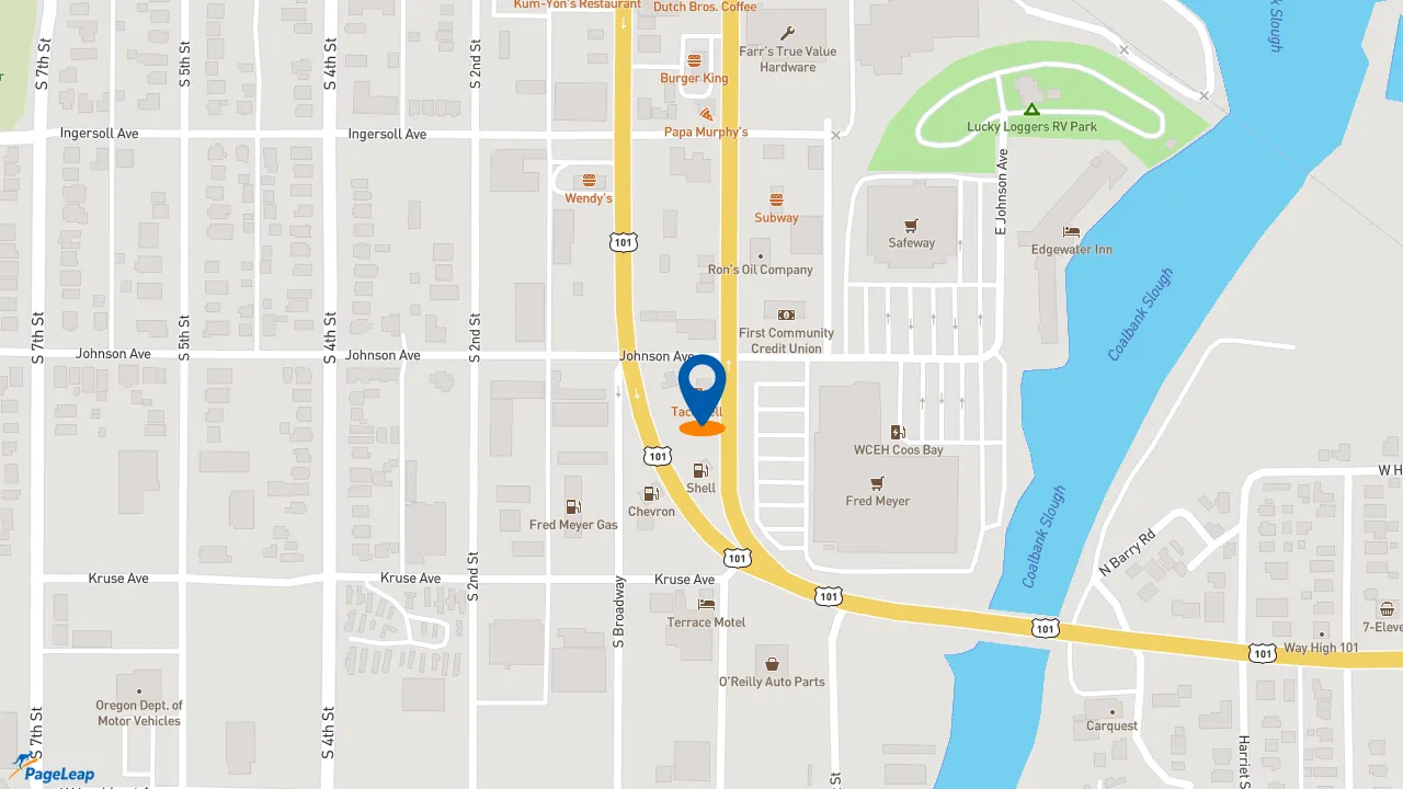 https://pageleap.com map showing location of Taco Bell in Coos Bay.