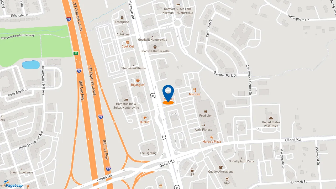 https://pageleap.com map showing location of Taco Bell in Huntersville.