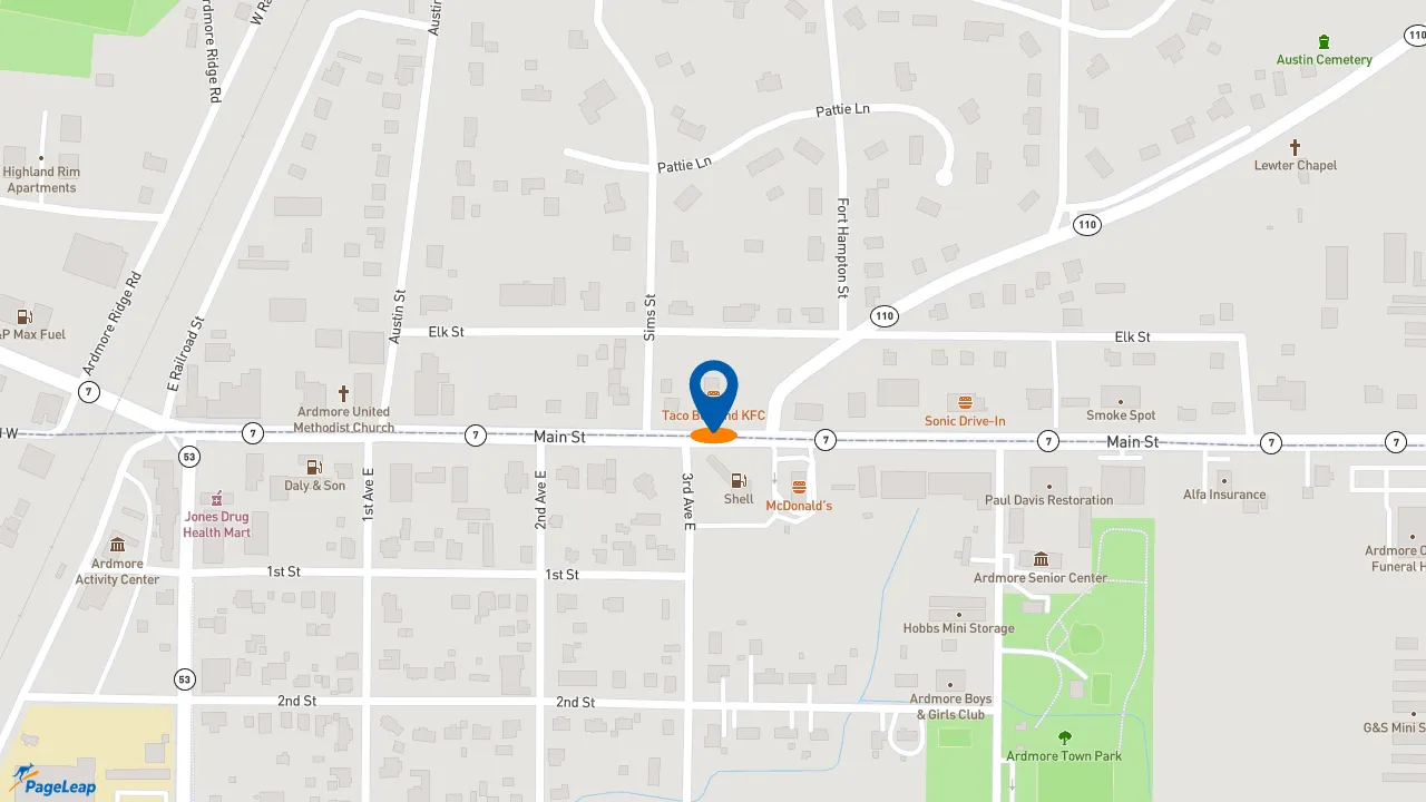 https://pageleap.com map showing location of Taco Bell in Ardmore.