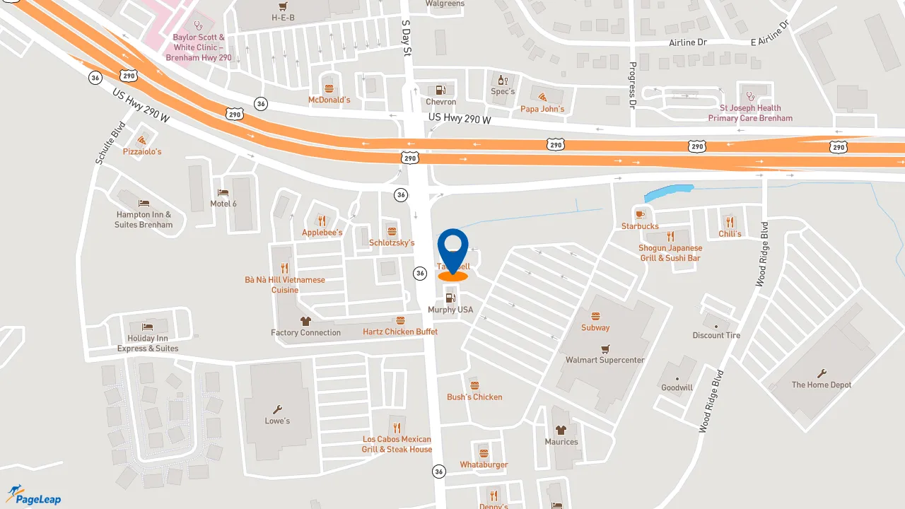 https://pageleap.com map showing location of Taco Bell in Brenham.