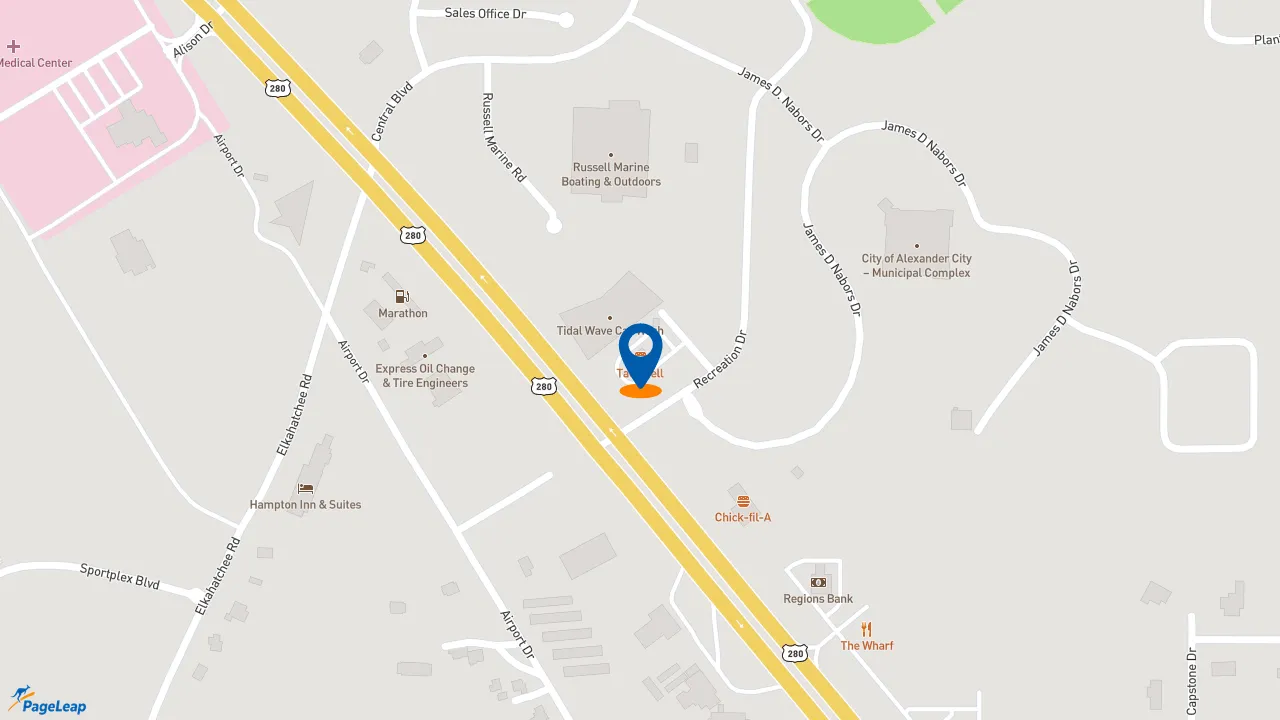 https://pageleap.com map showing location of Taco Bell in Alexander City.