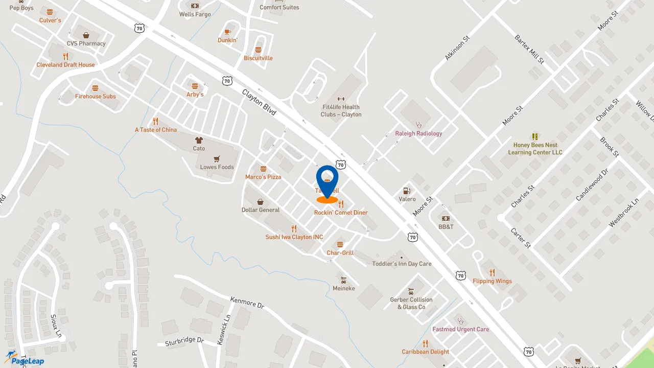 https://pageleap.com map showing location of Taco Bell in Clayton.