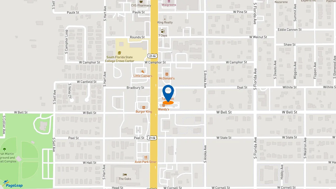 https://pageleap.com map showing location of Taco Bell in Avon Park.