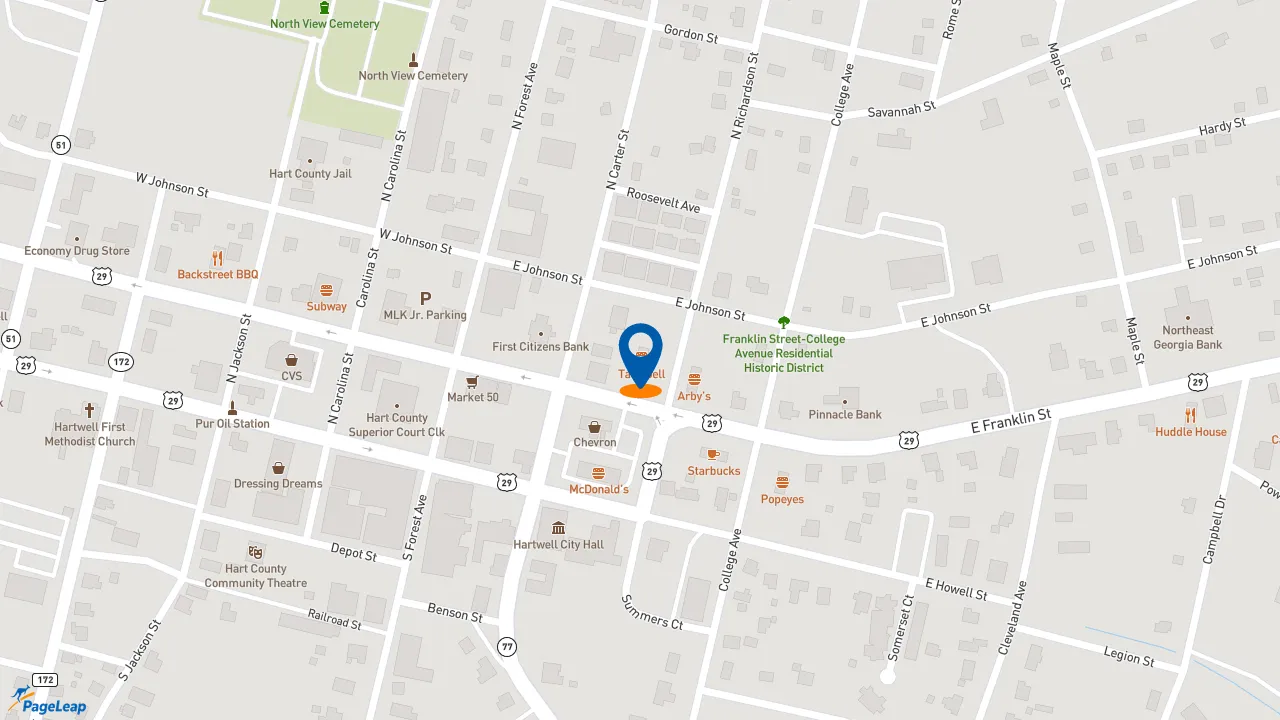 https://pageleap.com map showing location of Taco Bell in Hartwell.