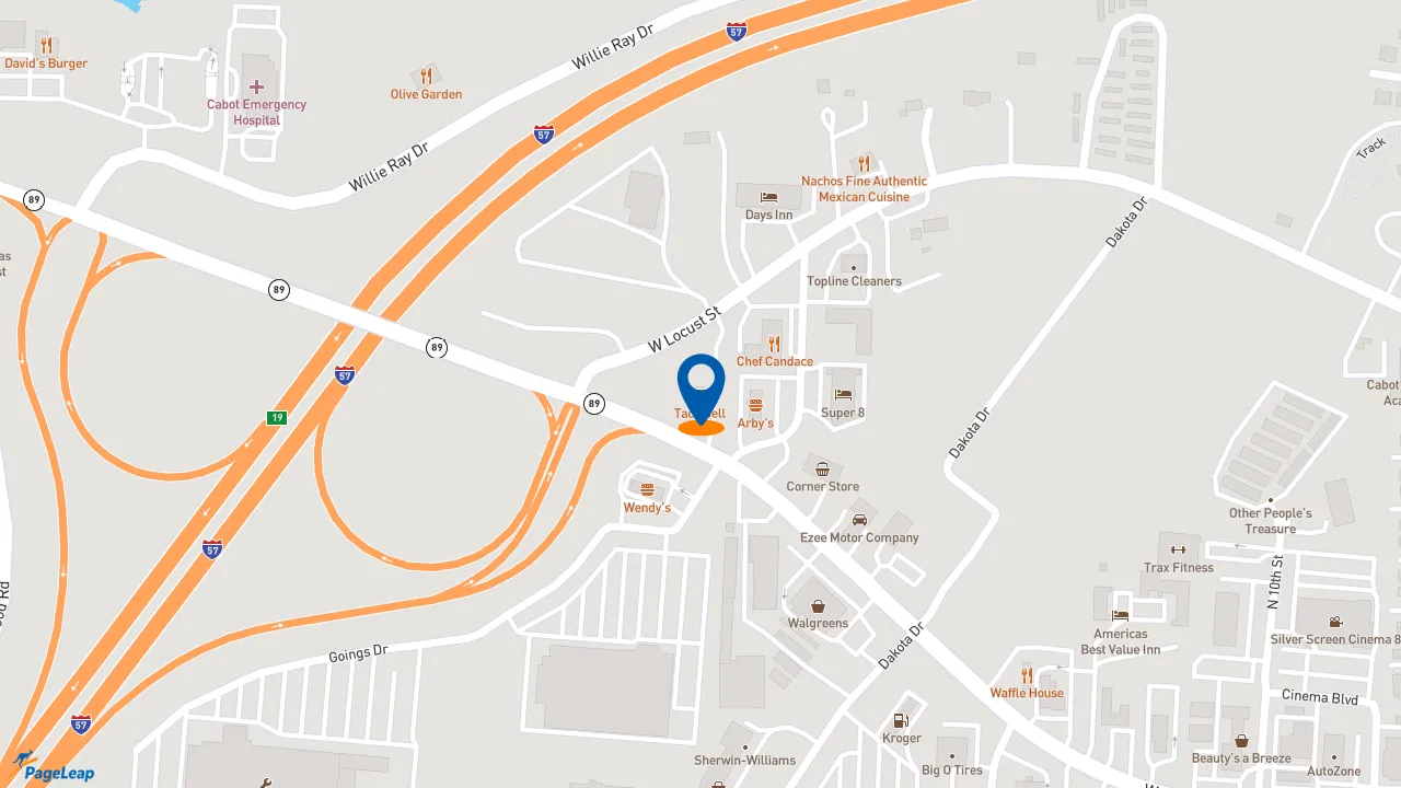 https://pageleap.com map showing location of Taco Bell in Cabot.