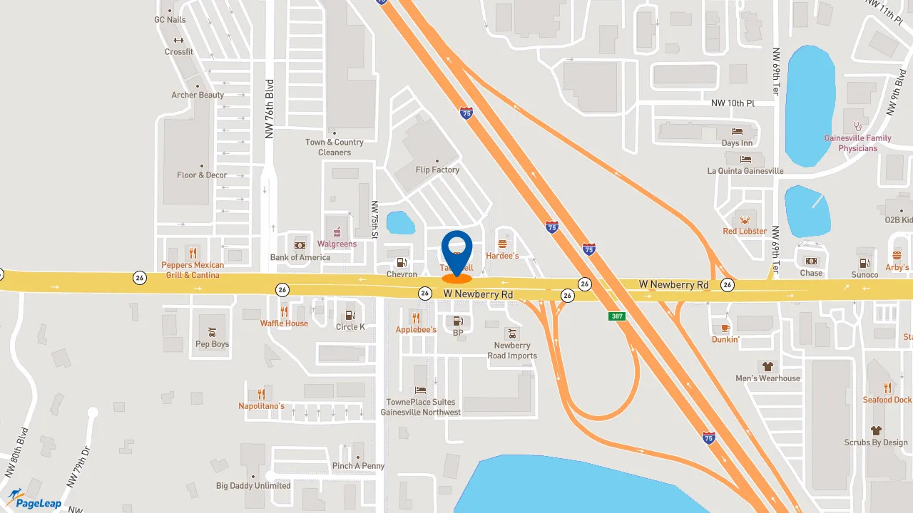 https://pageleap.com map showing location of Taco Bell in Gainesville.