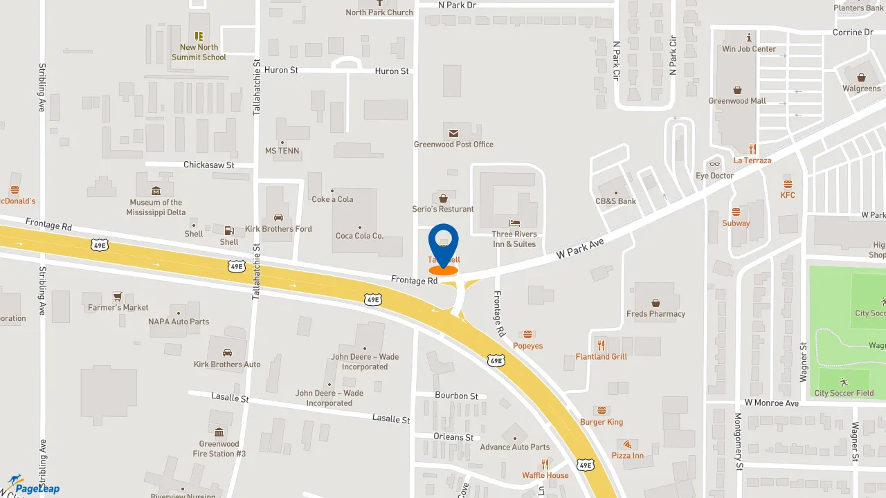 https://pageleap.com map showing location of Taco Bell in Greenwood.