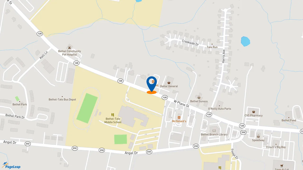 https://pageleap.com map showing location of Taco Bell in Bethel.