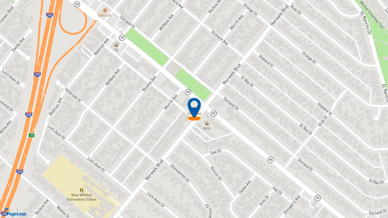 https://pageleap.com map showing location of Taco Bell in Whittier.