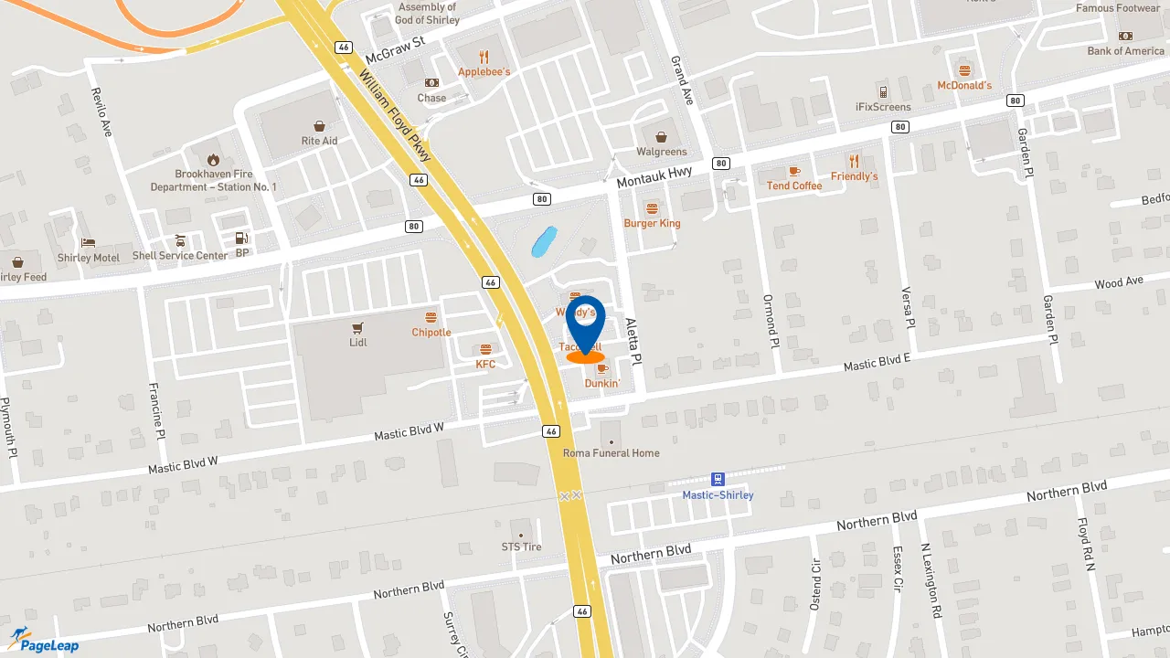 https://pageleap.com map showing location of Taco Bell in Shirley.