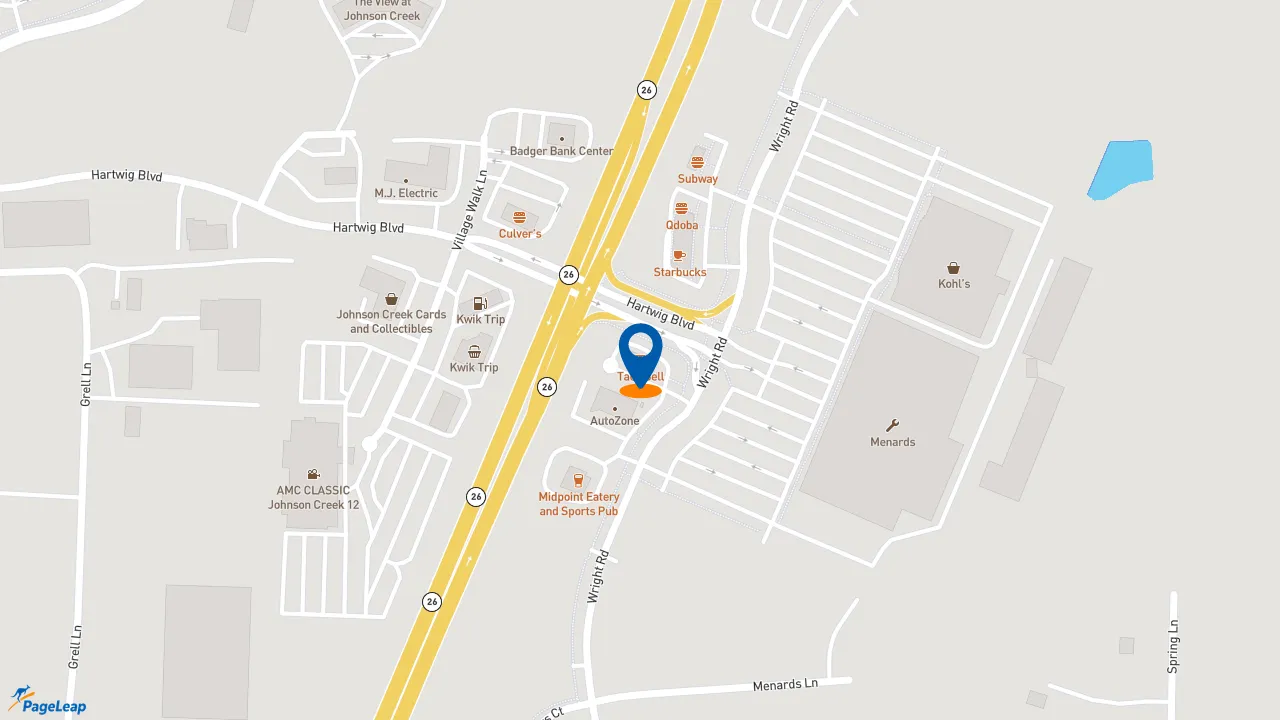 https://pageleap.com map showing location of Taco Bell in Johnson Creek.