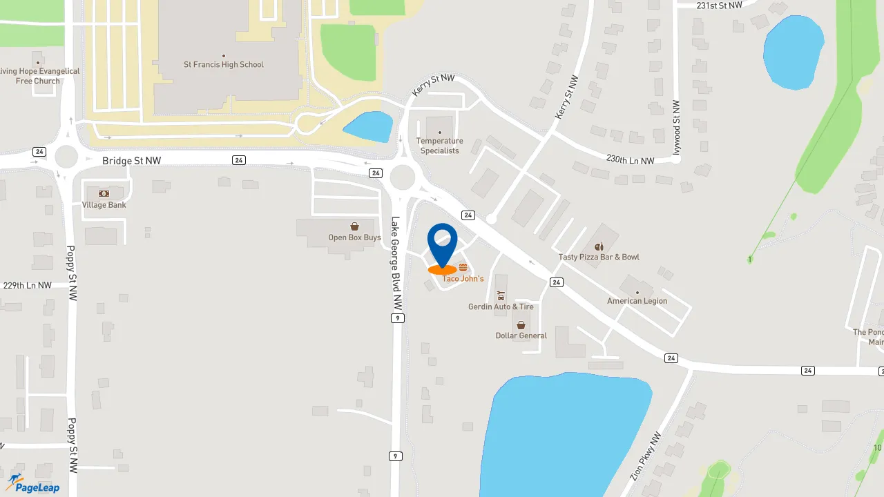 https://pageleap.com map showing location of Taco John&#039;s in Saint Francis.